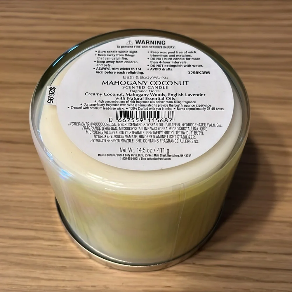 Bath & Body Works 3 Wick Candle. Mahogany Coconut